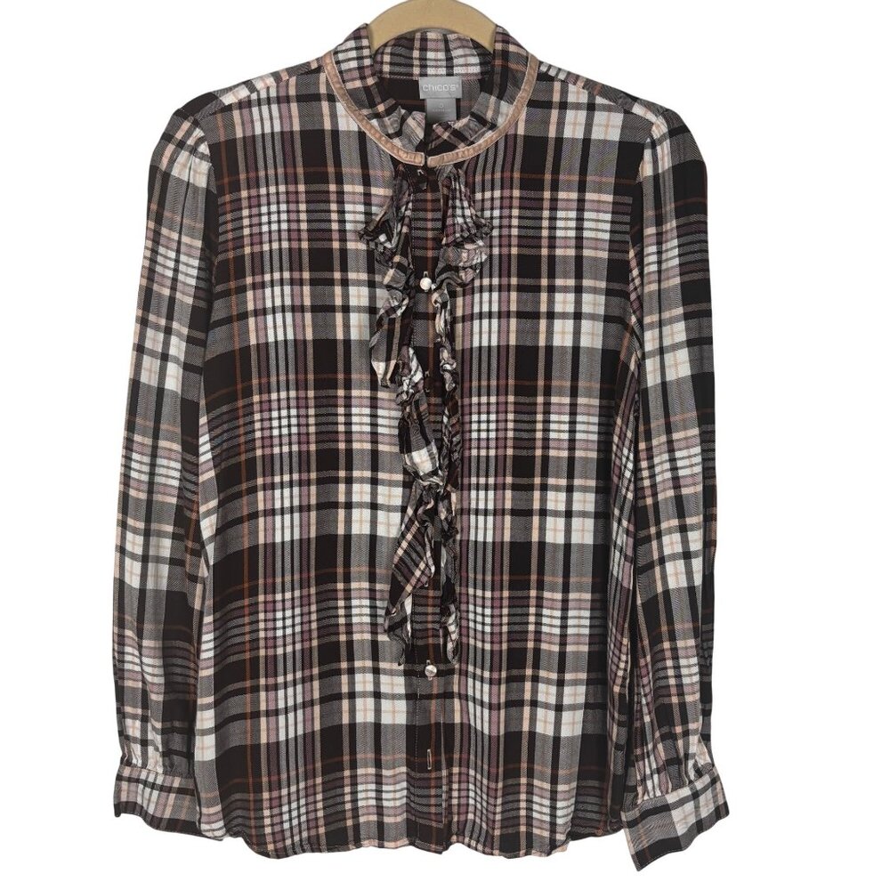 Chico's 0 S 4/6 Plaid Long Sleeve Button-Front Blouse Top